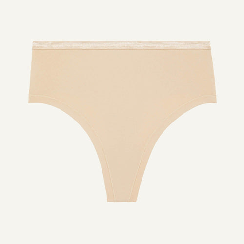 A high rise thong in wheat beige color.