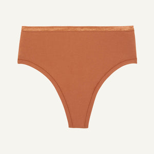 A high rise thong in spice brown color.