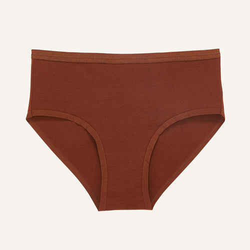 An organic cotton mid rise brief in cacao brown color.