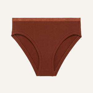 A mid rise bikini in cacao brown color.