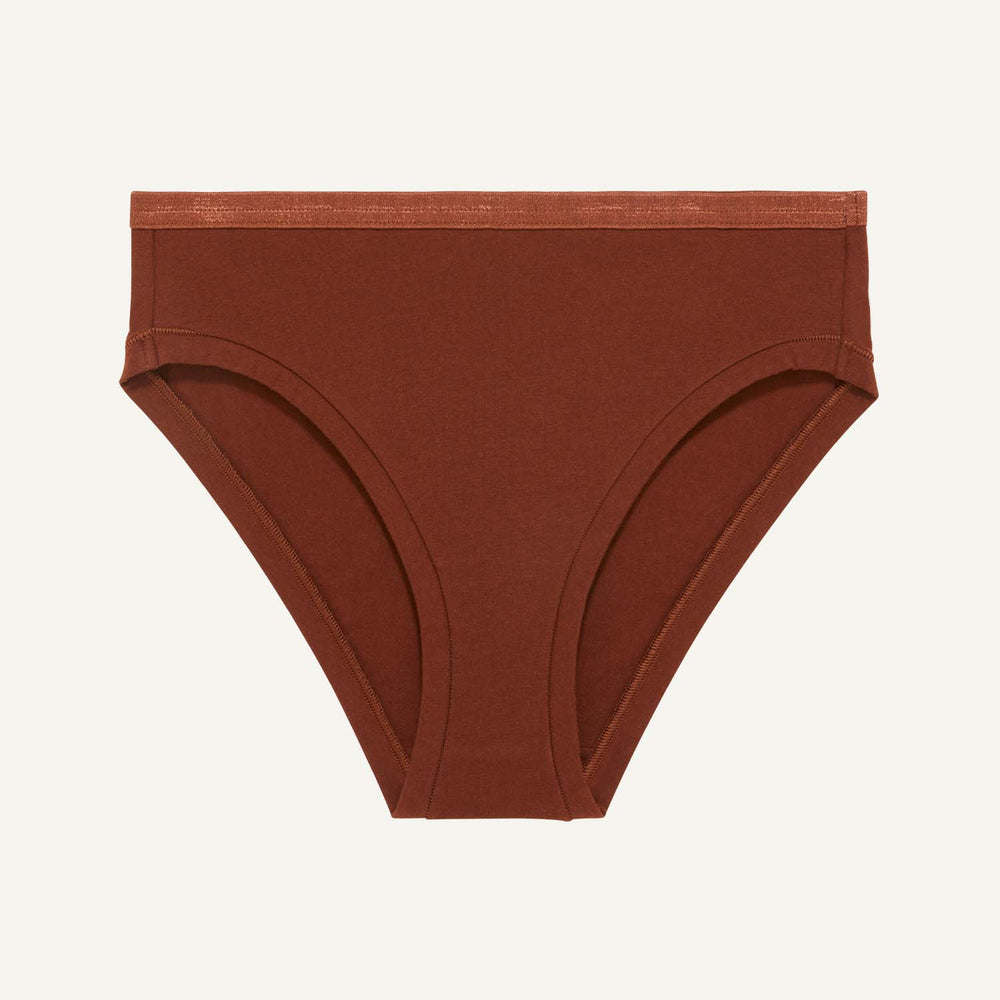 A mid rise bikini in cacao brown color.