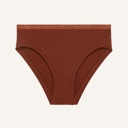 A mid rise bikini in cacao brown color.