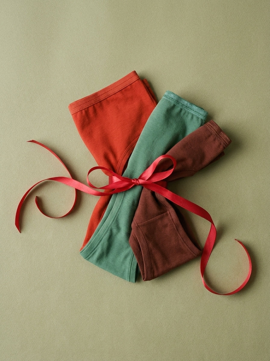 Three pairs of underwear in rusty red, sage green, and dark brown, tied together with a red ribbon on a muted olive background.
