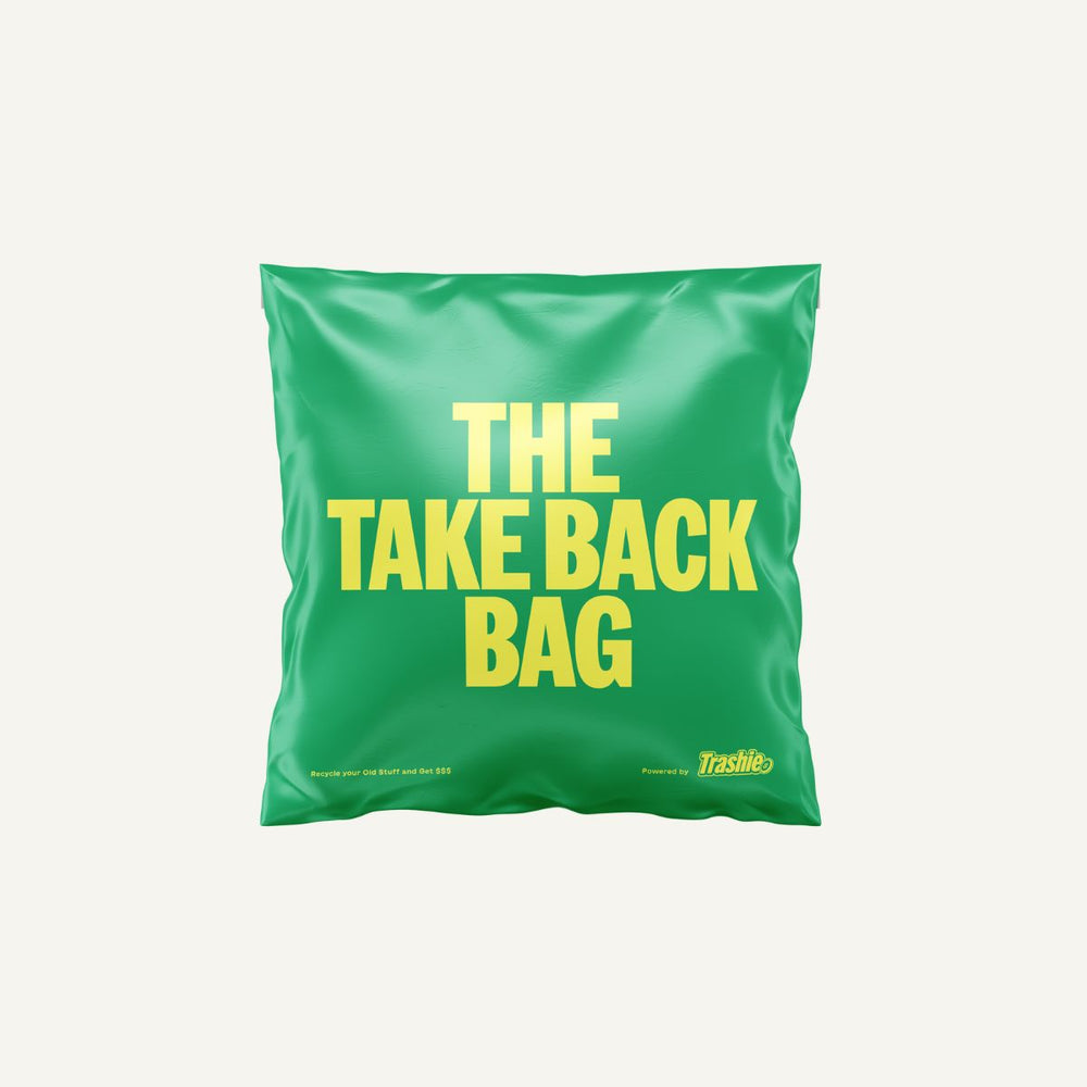 Green bag with the text 'THE TAKE BACK BAG' printed in yellow.